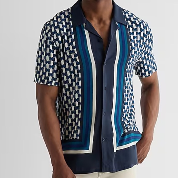 Men’s Express Size XS Bordered Geo Print Rayon Short Sleeve Shirt NEW - Picture 4 of 6